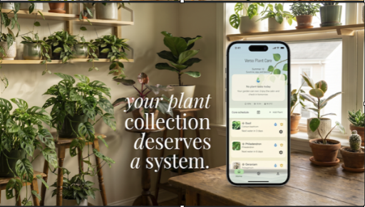 Verso Plant Care app showing plant search, recognition, watering estimates, and reminder settings